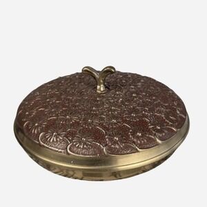 Vintage 60s Brass Daisy Floral Embossed Round Trinket Box Lid Made in Korea